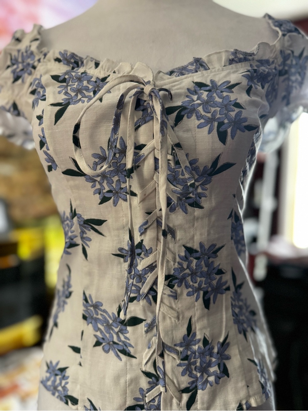 Floral Lace-Up Peasant Blouse in Cream and Blue